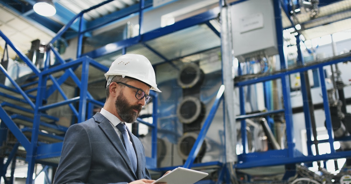 Engenheiro com capacete e tablet em planta industrial ilustrando como prospectar clientes na engenharia