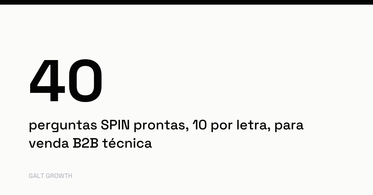 Cartão com o dado 40 perguntas SPIN prontas, 10 por letra, para venda B2B técnica